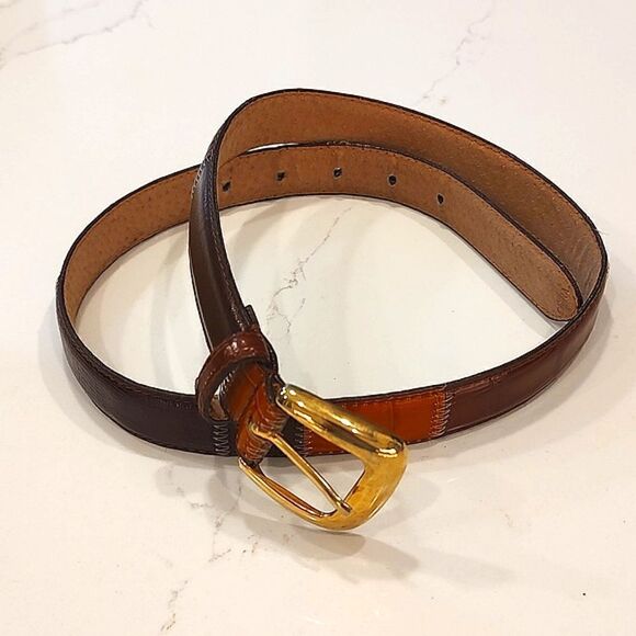 Leather Patchwork Reptile and Croc Embossed Belt Goldtone Buckle Size M - Picture 13 of 13